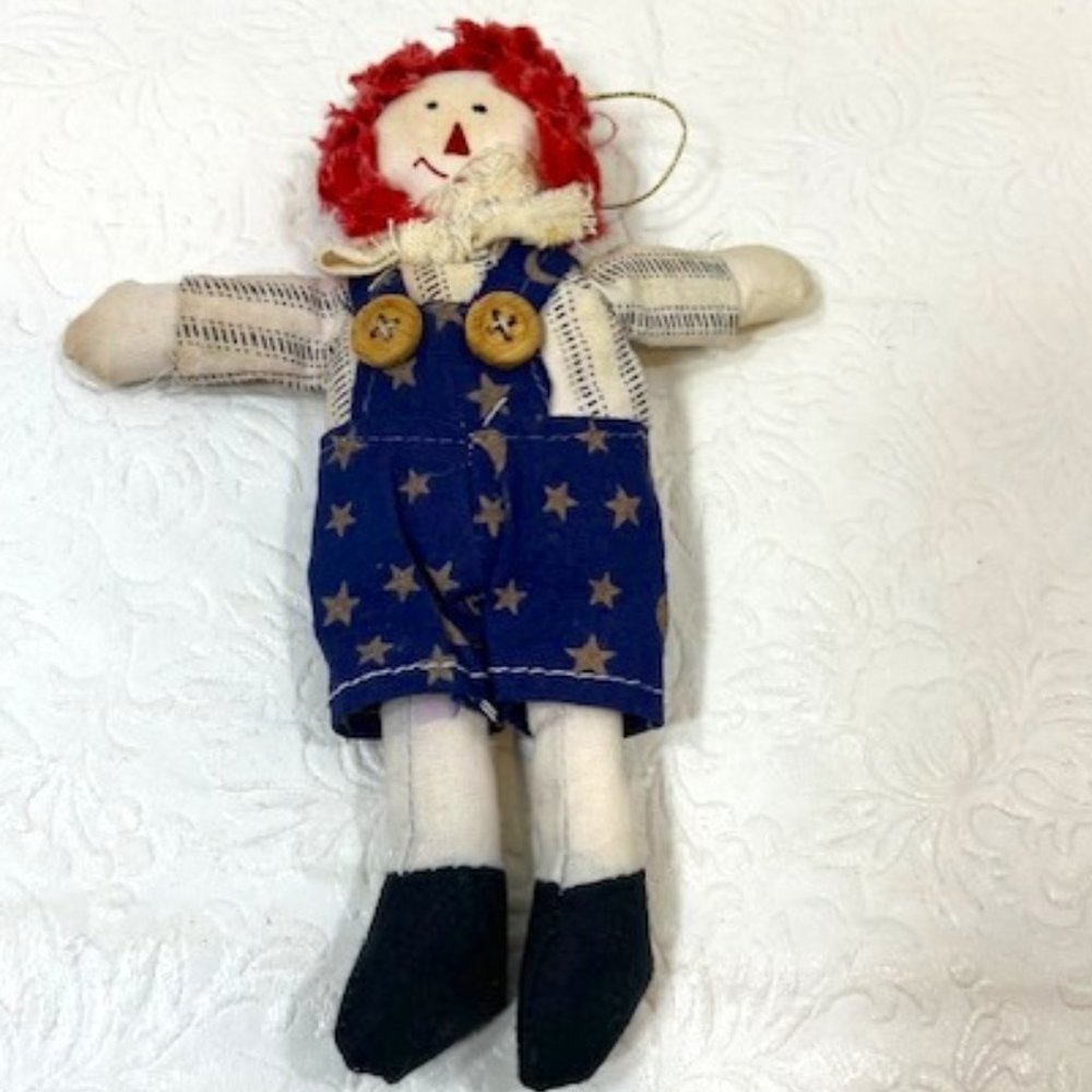 VTG Raggedy Andy Fabric Doll Christmas Holiday Tree Ornament Handmade Decor 7"